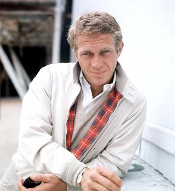 Steve McQueen in Barracuta Harrington style jacket w tartan lining