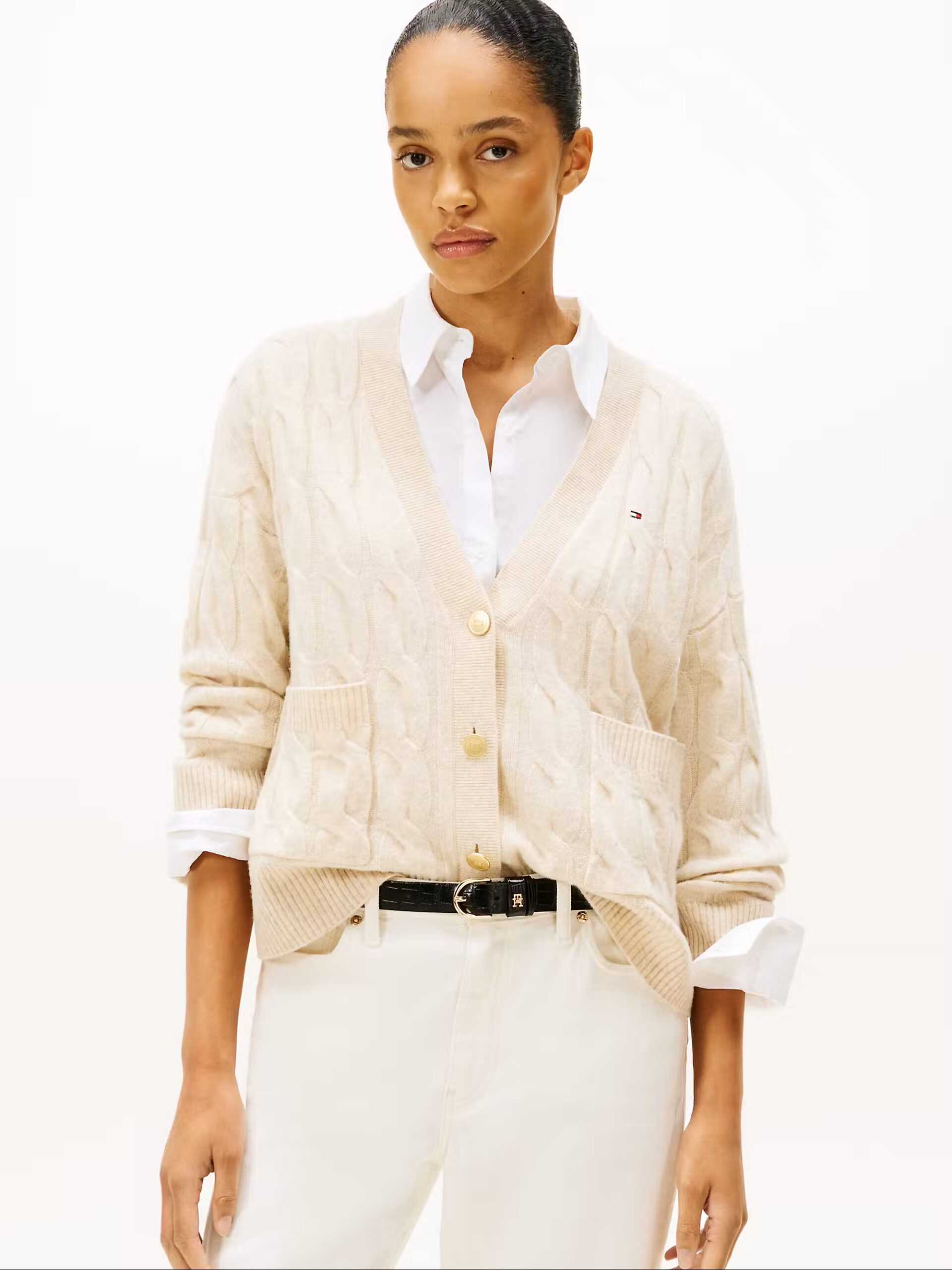 Tommy Hilfiger donna maglia cardigan oversize a trecce in lana avorio