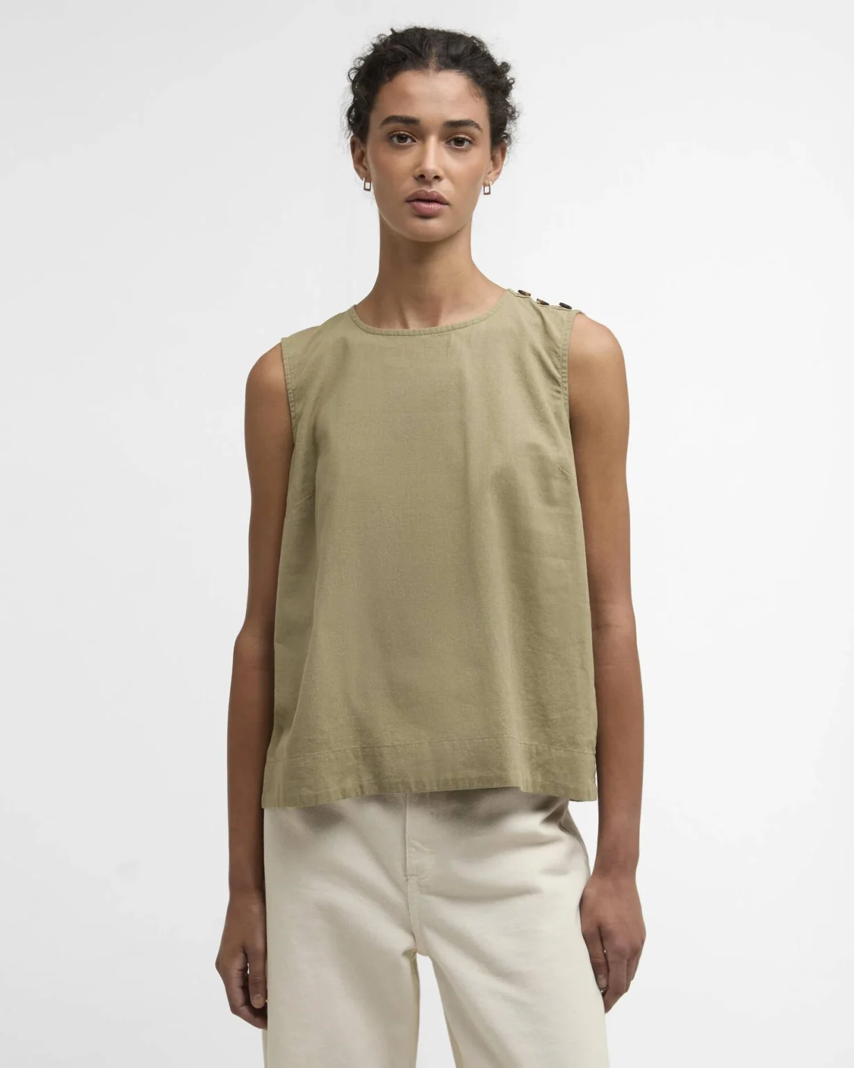 Barbour donna top in lino e cotone con bottoni verde JOSIE