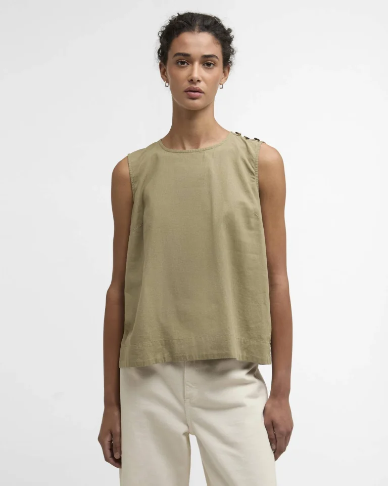 Barbour donna top in lino e cotone con bottoni verde JOSIE