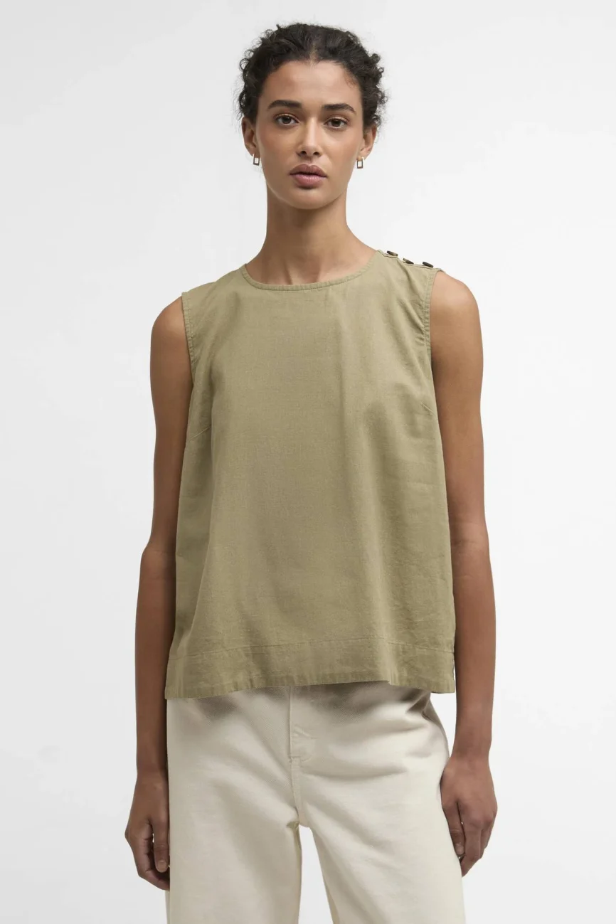 Barbour donna top in lino e cotone con bottoni verde JOSIE