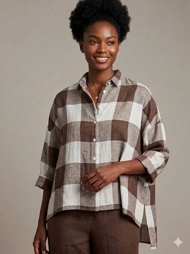 Rosso 35 camicia boxy in lino a quadri marroni