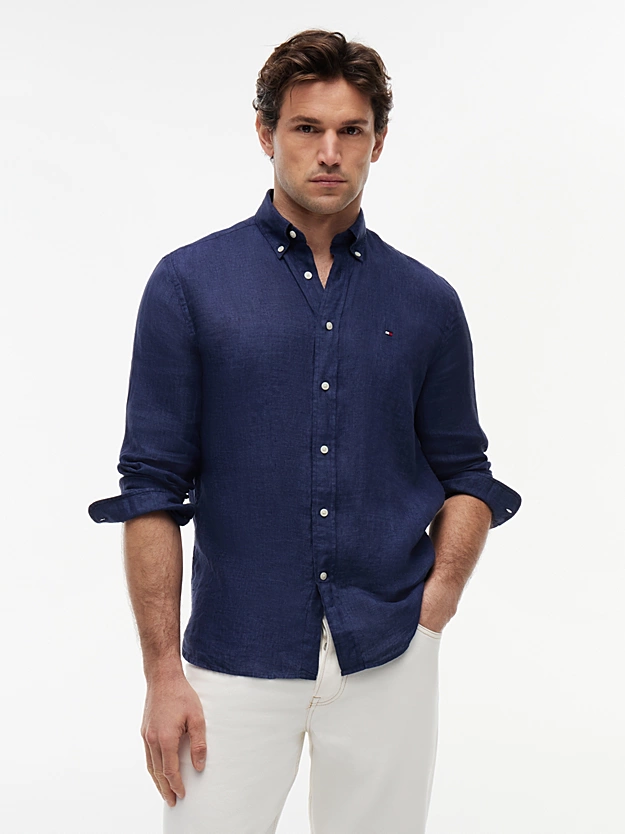 Tommy Hilfiger uomo camicia button down in lino blu