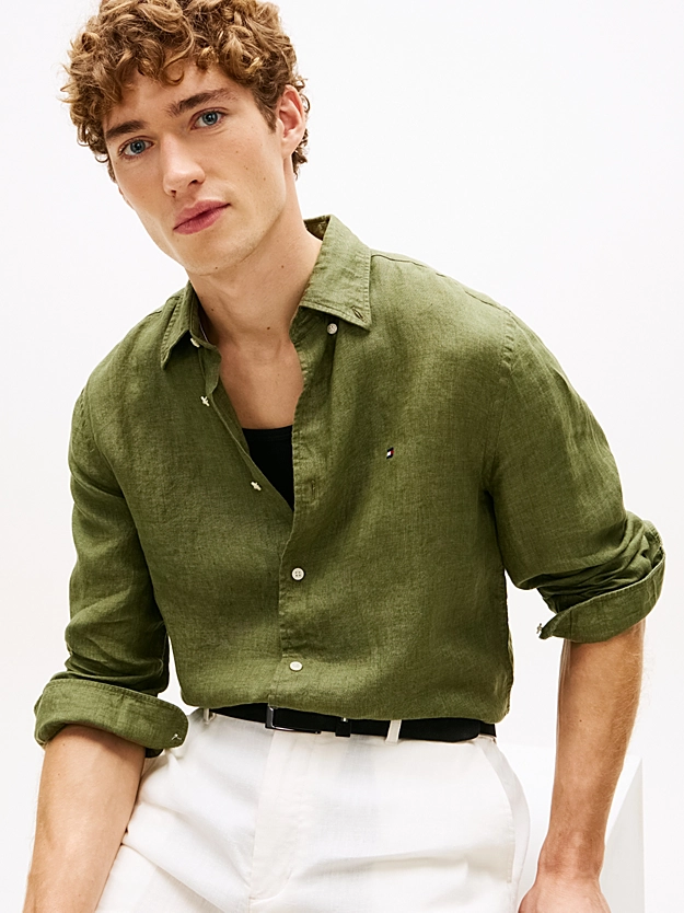 Tommy Hilfiger uomo camicia button down in lino verde