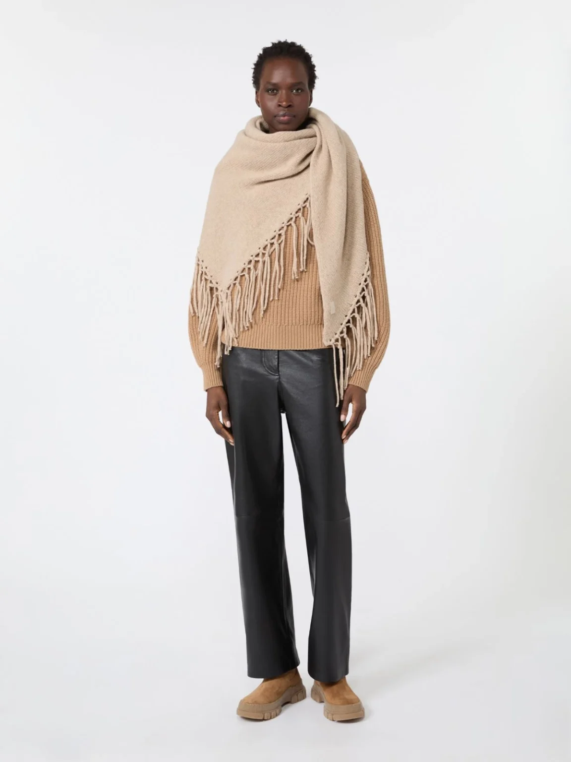 Weekend Max Mara scialle sciarpa con frange in lana cachà melange WKATORNADO