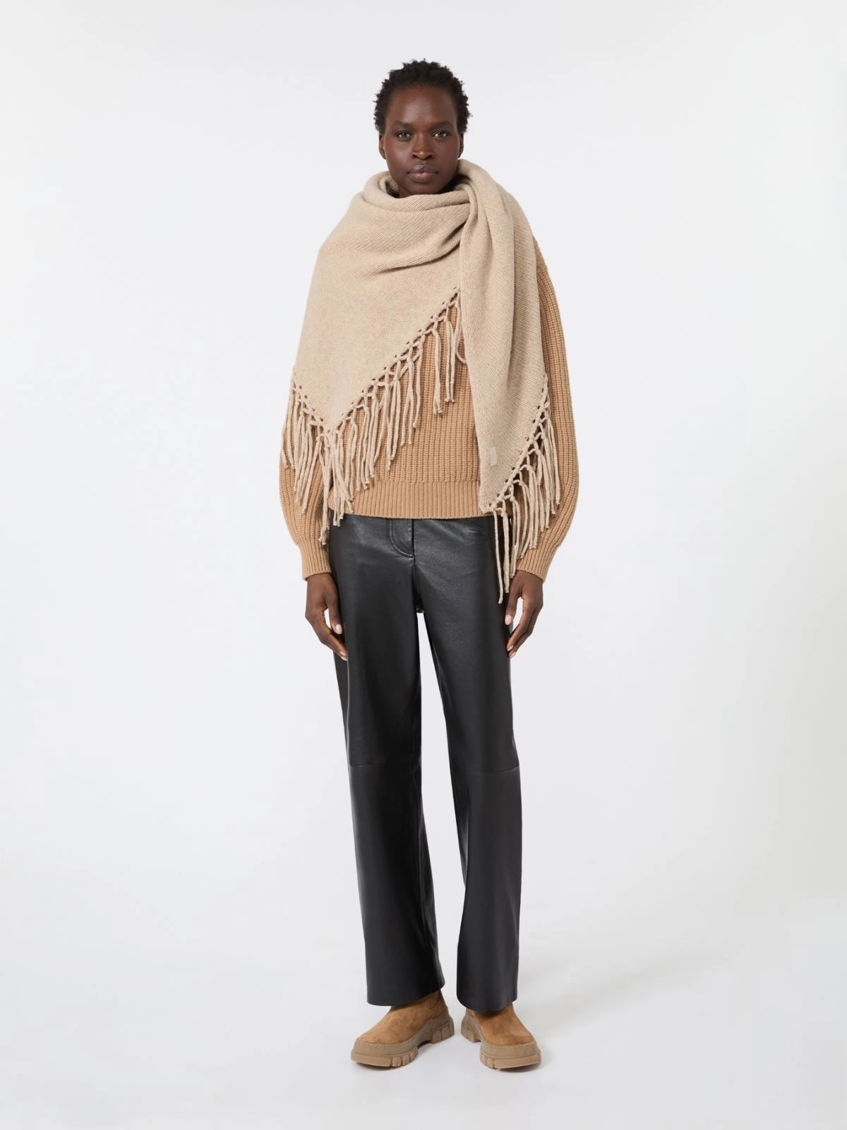 Weekend Max Mara scialle sciarpa con frange in lana cachà melange WKATORNADO