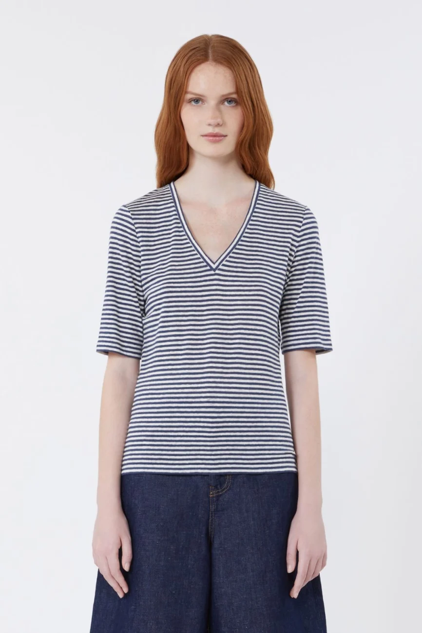 Weekend Max Mara T-shirt in lino elasticizzato a righe blu WKDOPZIONE