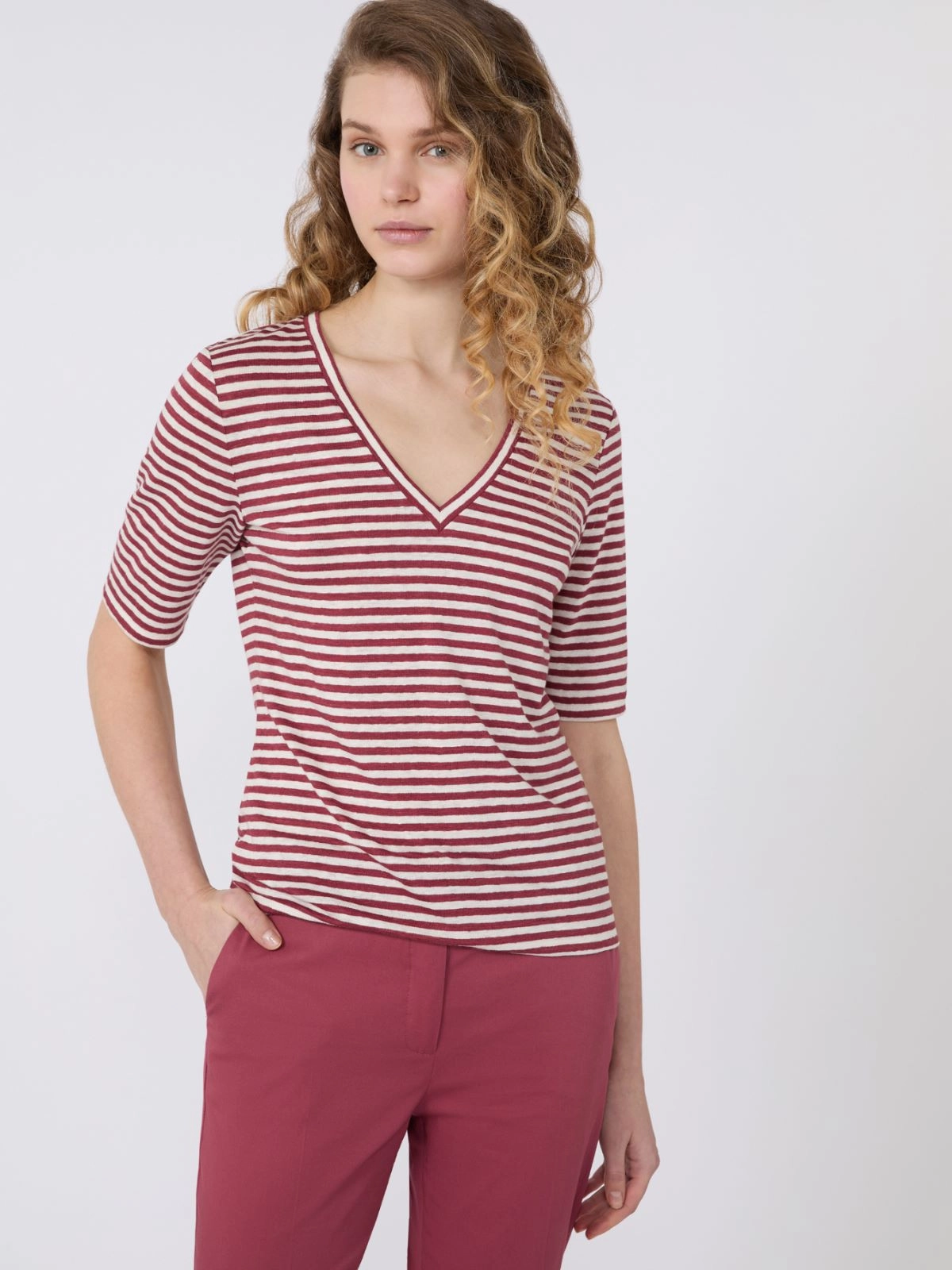 Weekend Max Mara T-shirt in lino elasticizzato a righe rossa WKDOPZIONE