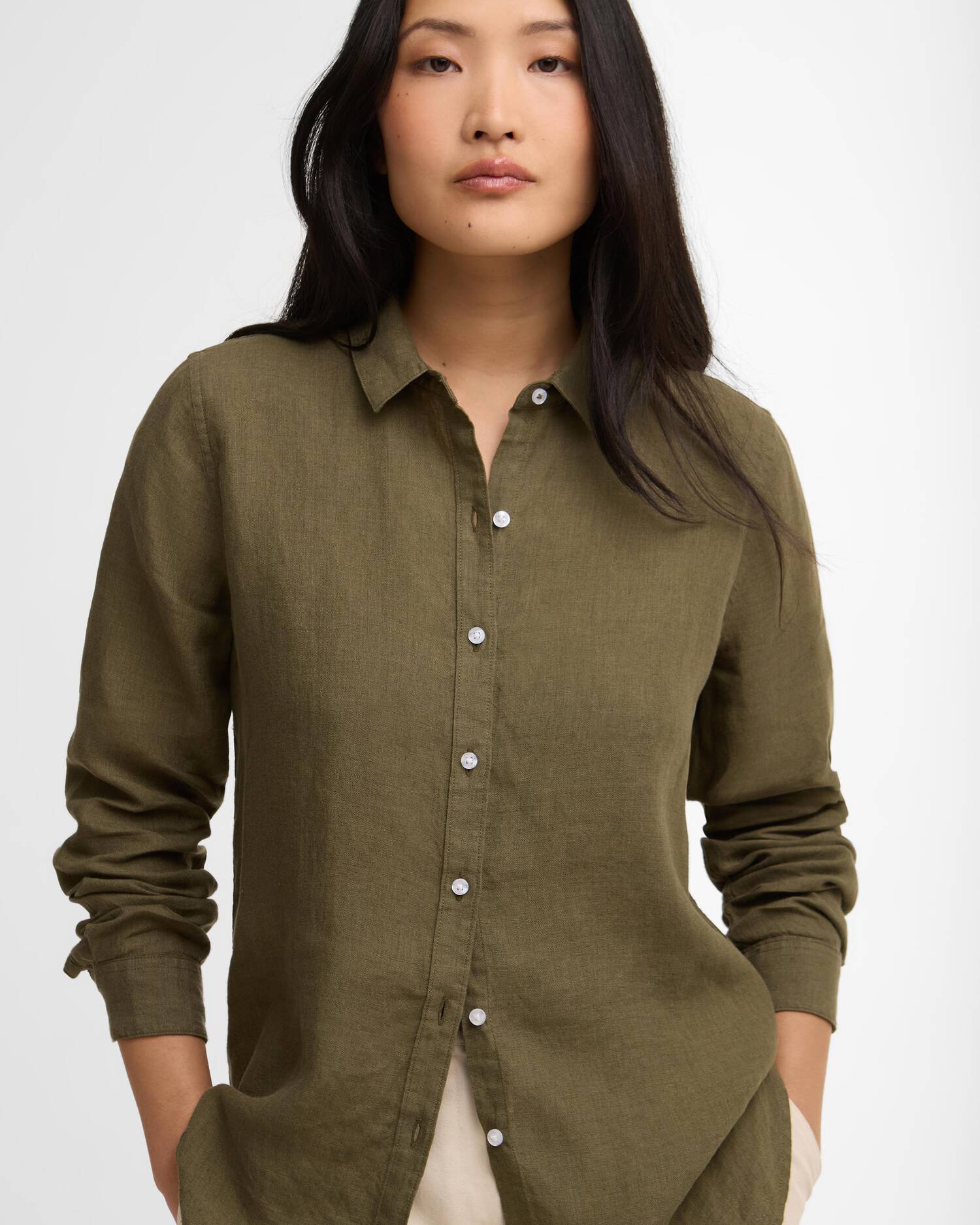 Barbour donna camicia in lino verde militare MARINE