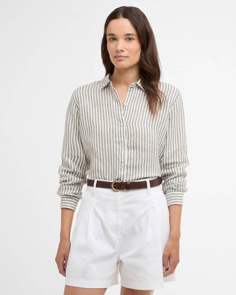 Barbour donna camicia in lino a righe verde militare MARINE
