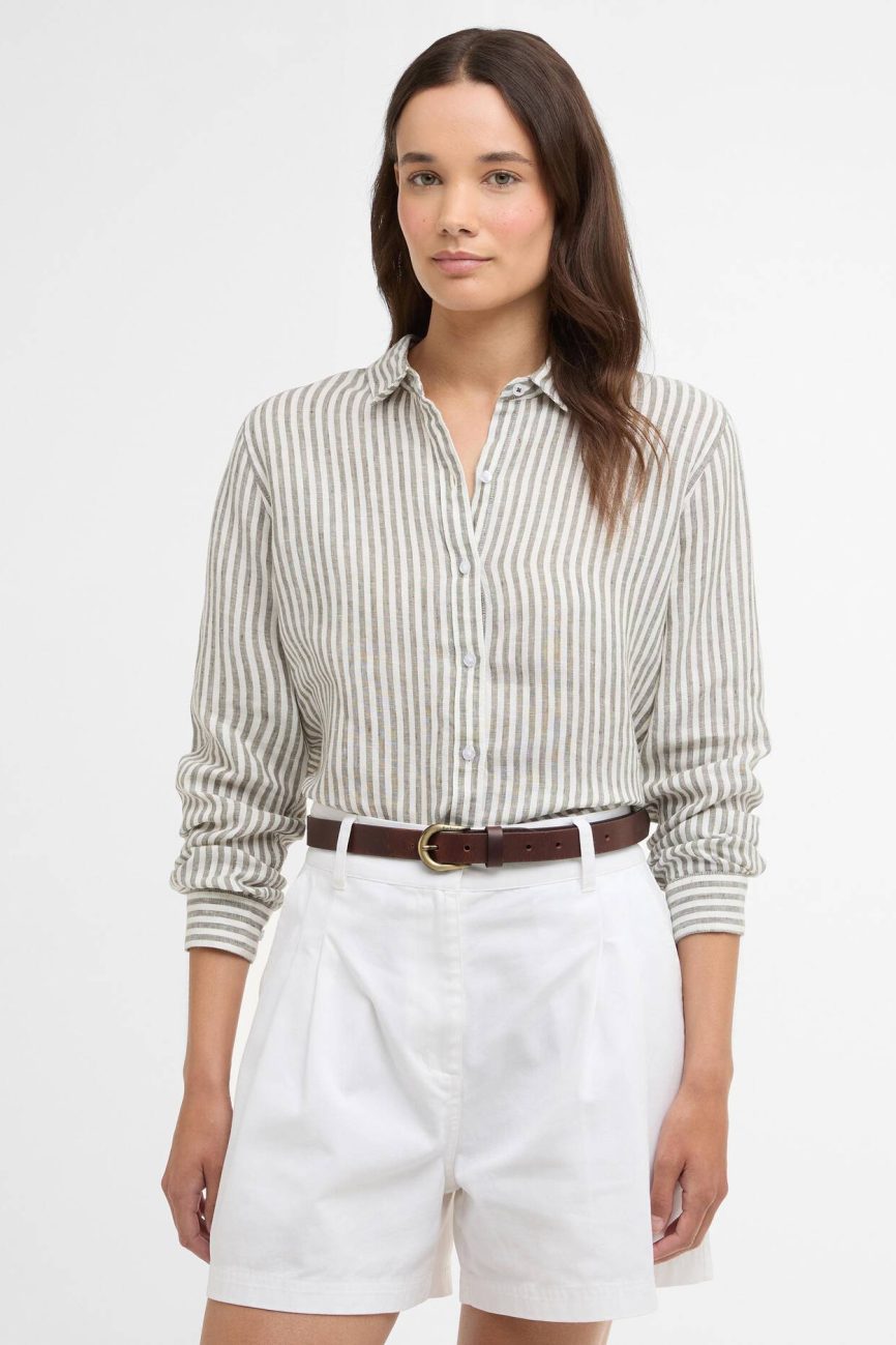 Barbour donna camicia in lino a righe verde militare MARINE