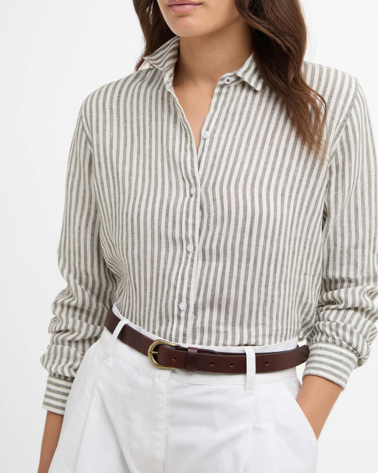 Barbour donna camicia in lino a righe verde militare MARINE - immagine 2