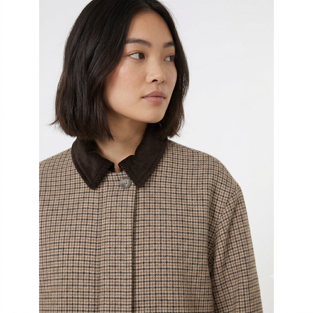 Eleva i tuoi look quotidiani con la giacca WKDFESTA Weekend Max Mara, un capospalla dallo stile intramontabile che fonde l'ispirazione country-chic britannica con la precisione sartoriale italiana. Questo modello si distingue per la sua raffinata micro-fantasia a quadri nei toni caldi del beige, del tortora e del testa di moro, interrotta elegantemente dal sofisticato colletto a contrasto in velluto a coste scuro.La silhouette contemporanea dal taglio boxy (squadrato) e leggermente oversize assicura una vestibilità rilassata e confortevole, ideale per creare impeccabili outfit a strati durante le mezze stagioni. Curata nei minimi dettagli, presenta una chiusura frontale con patta coperta per un design pulito ed essenziale, rifinito da bottoni a pressione a vista solo sul colletto e sul fondo.Caratteristiche Tecniche e Dettagli del ProdottoBrand: Weekend Max MaraModello: WKDFESTASilhouette: Linea boxy e dritta a taglio giubbotto, con spalle leggermente scese.Tessuto Principale: Texture strutturata a micro-quadri (effetto pied-de-poule / check).Dettaglio Iconico: Colletto a punta in morbido velluto marrone scuro.Chiusura: Bottoni automatici nascosti sotto la finta, con bottoni metallici a vista alle estremità.Dettagli Funzionali: Pratiche tasche laterali inserite nel filetto e polsini regolabili.