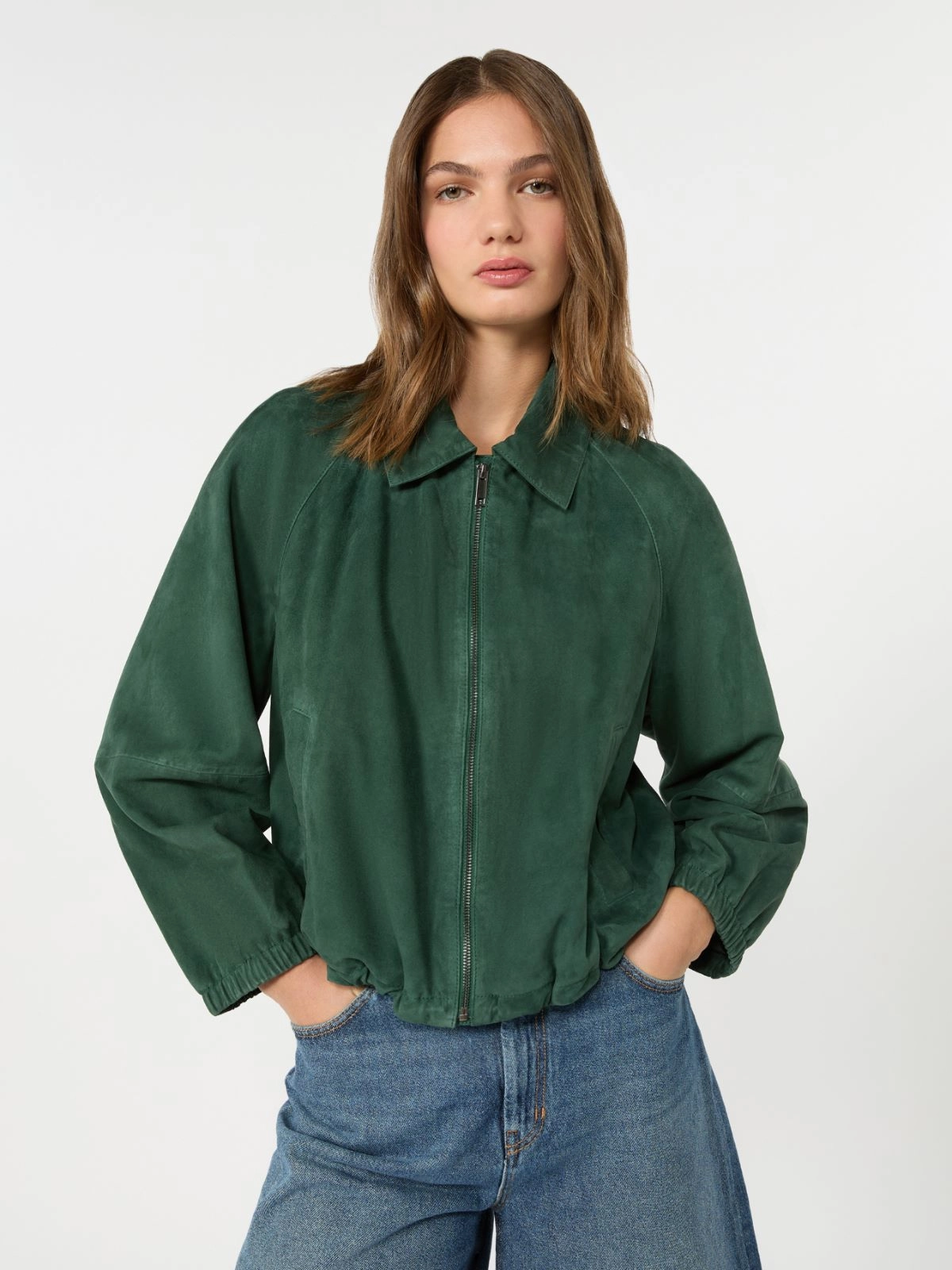 Weekend Max Mara giubbotto in suede verde scuro WKDZUPPA