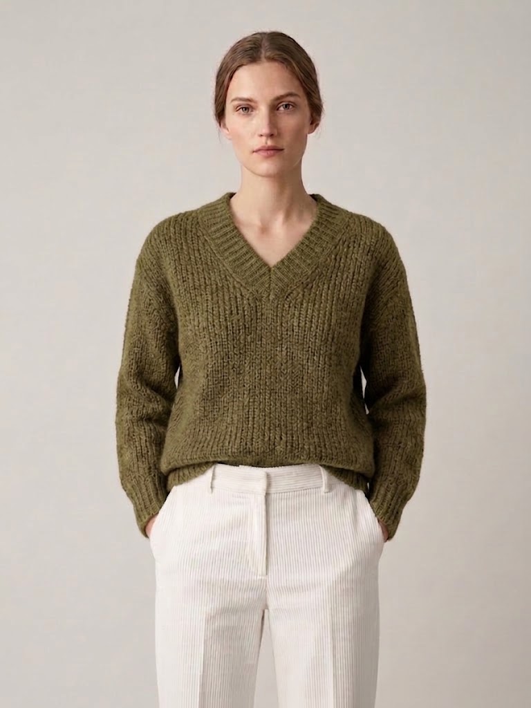 Homeward donna maglia scollo a V in misto alpaca verde military