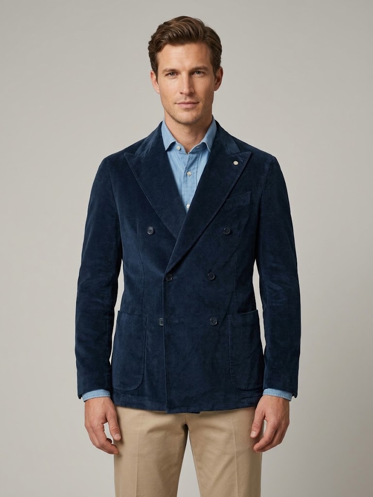 L.B.M. 1911 giacca doppio petto in velluto elasticizzato blu TOM REGULAR