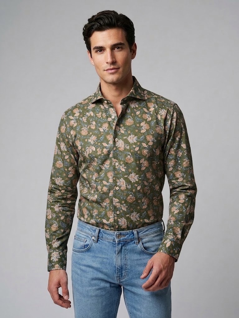 Tintoria Mattei camicia elasticizzata con collo alla francese fantasia fiori
