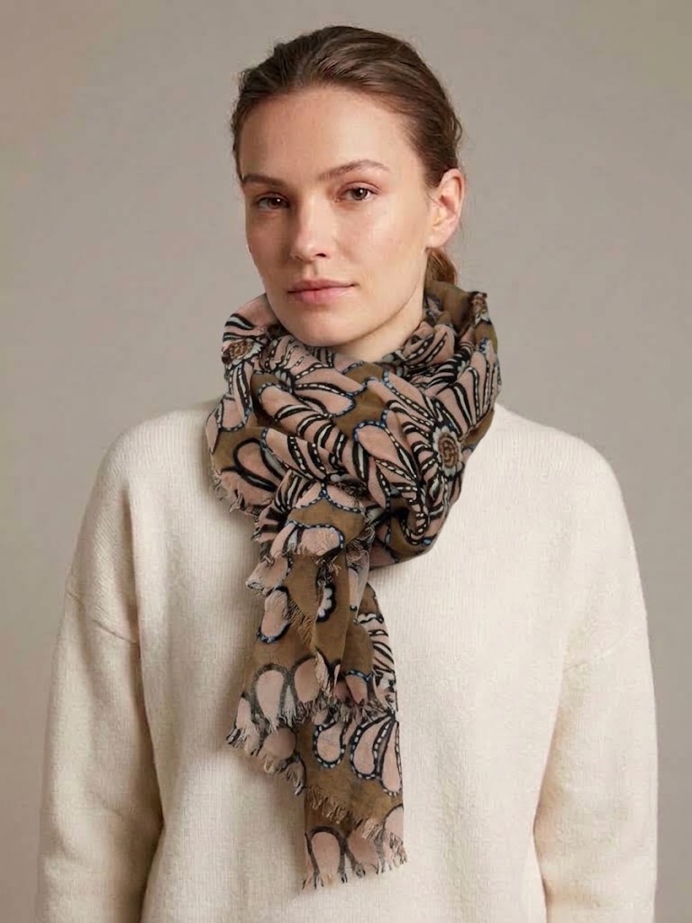 Camerucci sciarpa in lana con fiori ricamati beige PAPAVERO 1095A