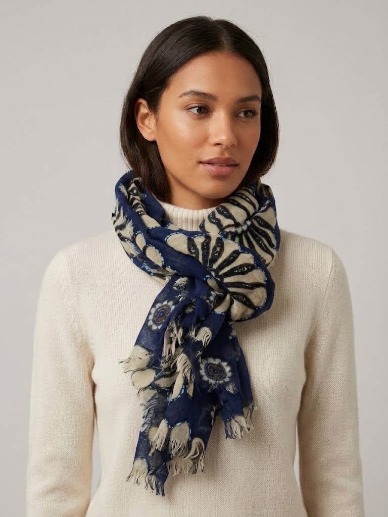 Camerucci sciarpa in lana con fiori ricamati blu PAPAVERO 1095B