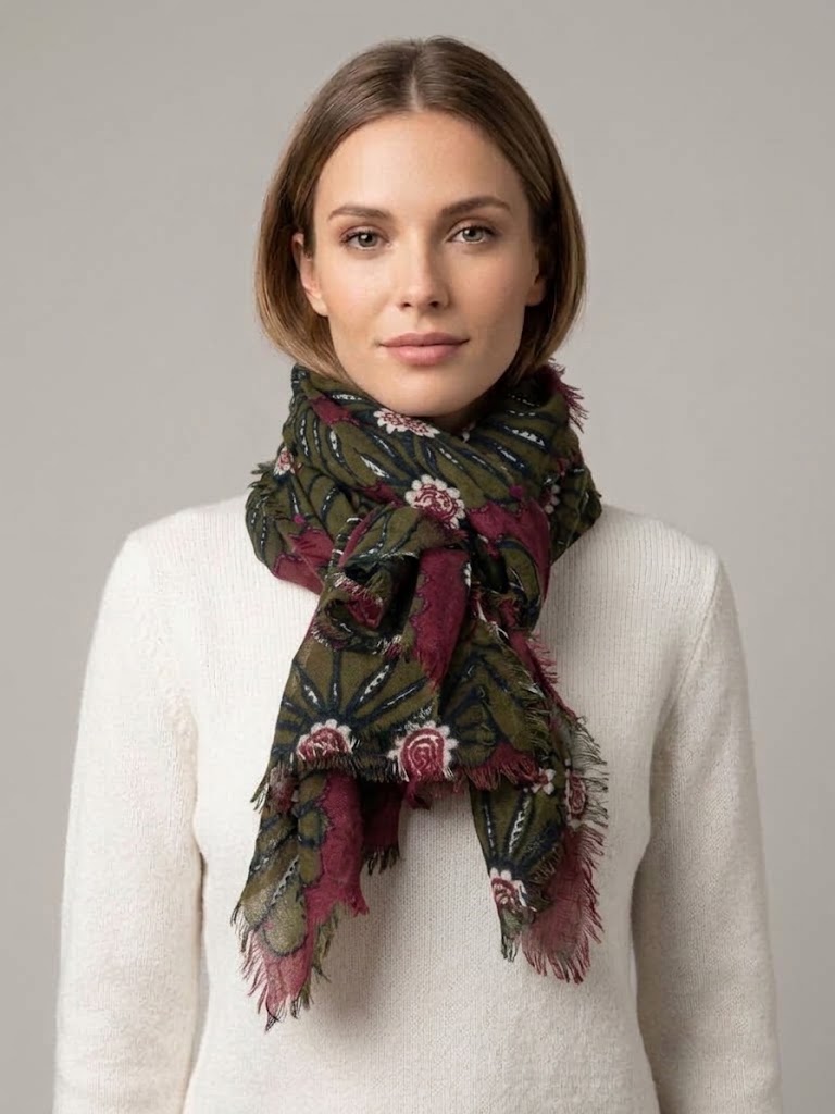 Camerucci sciarpa in lana con fiori ricamati bordeaux PAPAVERO 1095B