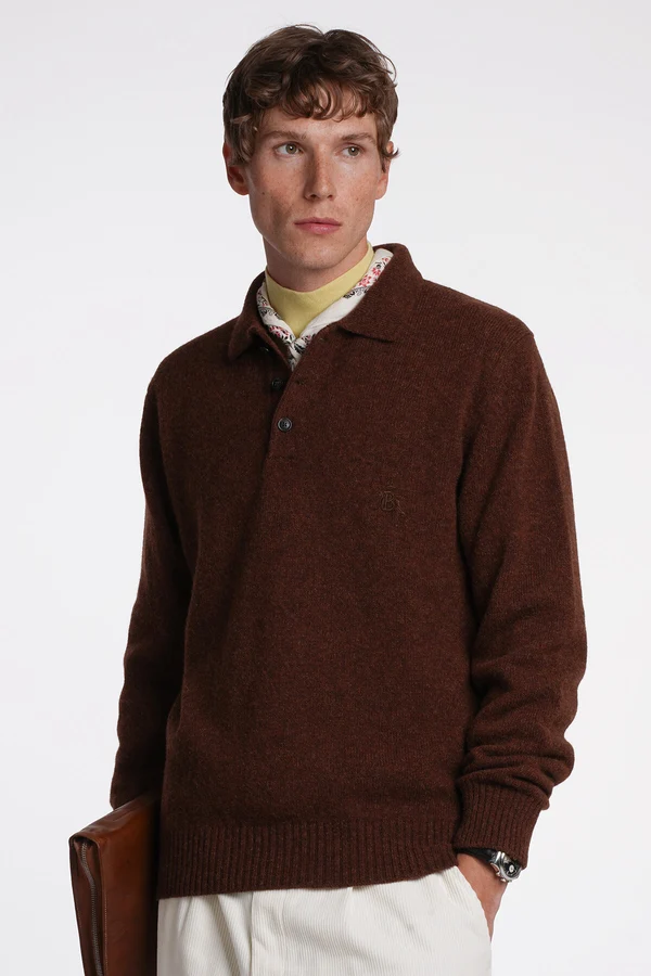 Baracuta polo manica lunga in shetland marrone bruciato