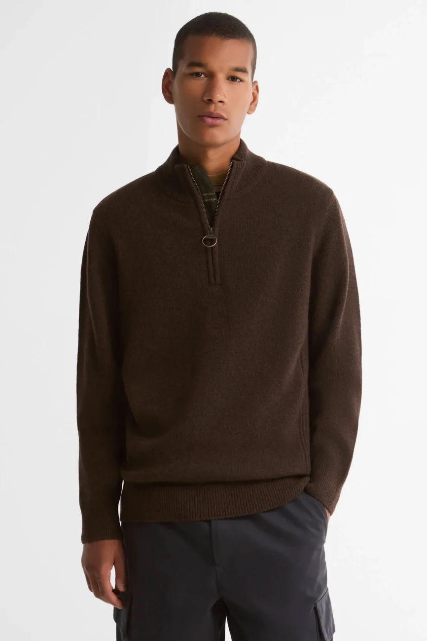 Barbour uomo maglia mezza zip con toppa marrone HOLDEN
