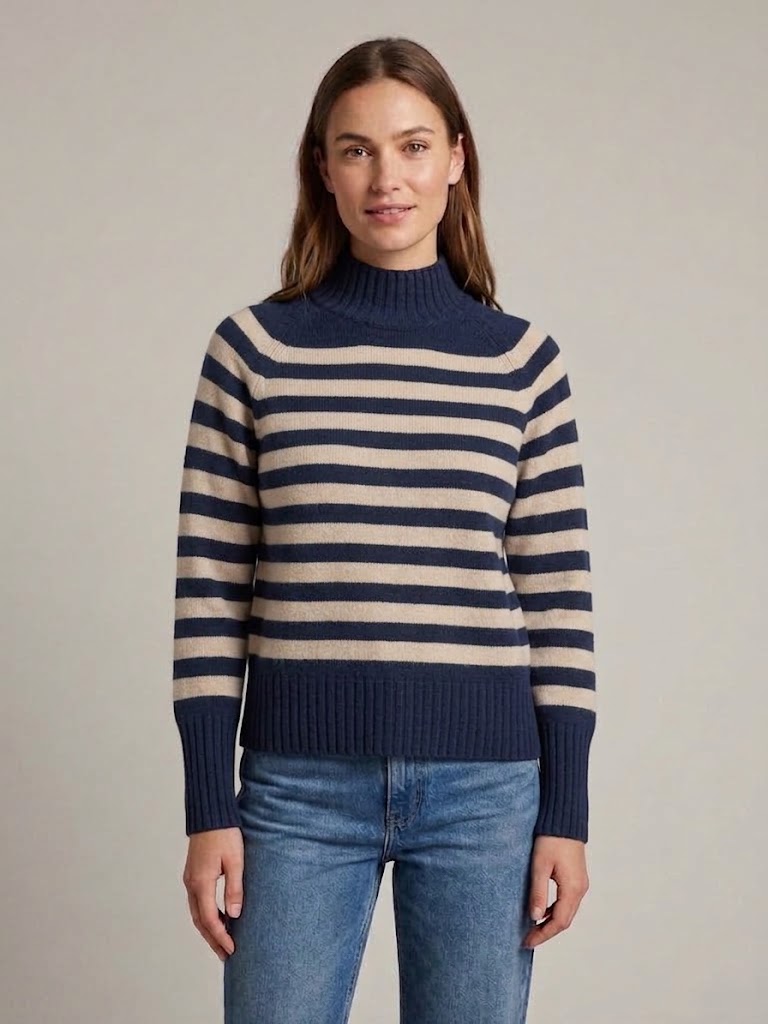 Calatura maglia a righe collo vulcano beige e blu