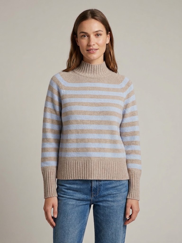 Calatura maglia a righe collo vulcano beige e azzurro