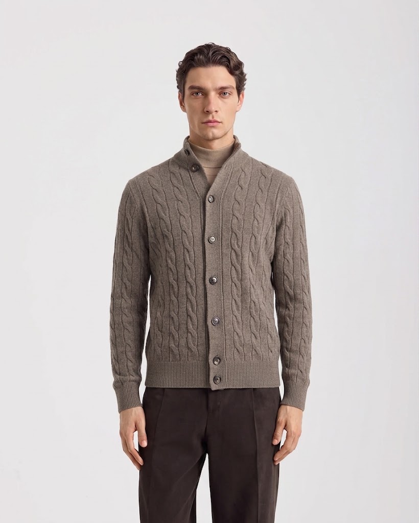Filippo De Laurentiis maglia cardigan in lana e cashmere a trecce beige tortora
