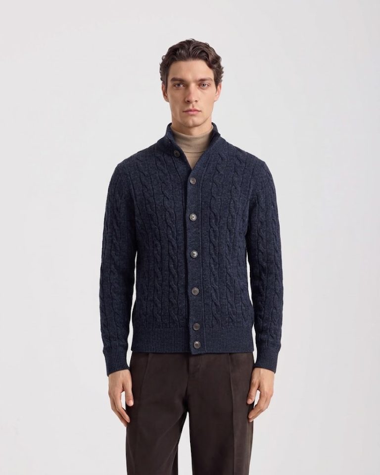 Filippo De Laurentiis maglia cardigan in lana e cashmere a trecce blu avio