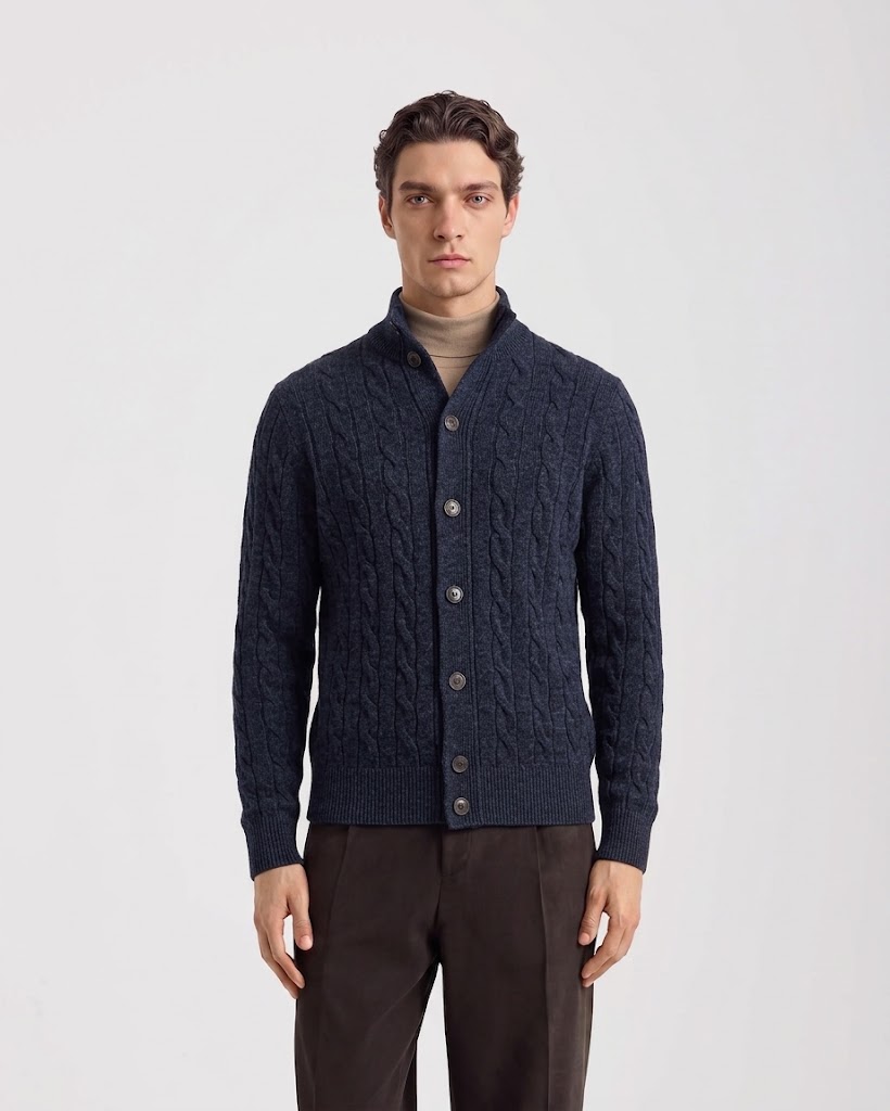 Filippo De Laurentiis maglia cardigan in lana e cashmere a trecce blu avio