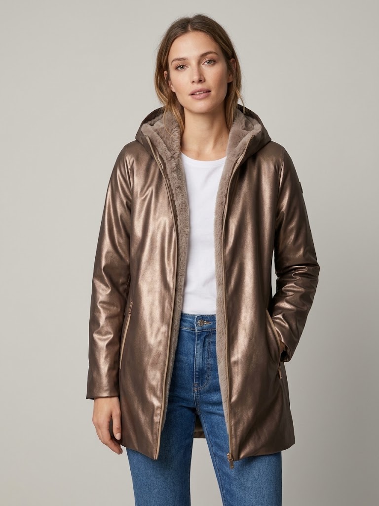 Homeward donna parka gommato con pelliccia ecologica toffee brown EXETER TWILL METAL