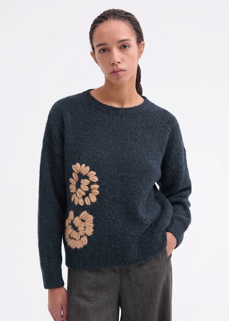 Rosso 35 gonna maglia girocollo in alpaca blu con ricamo