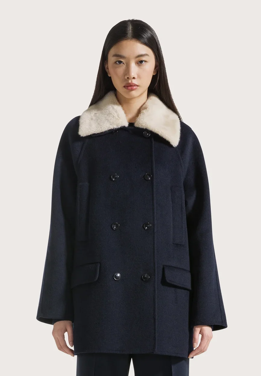 Seventy 19.70 cappotto con collo in eco pelliccia blu