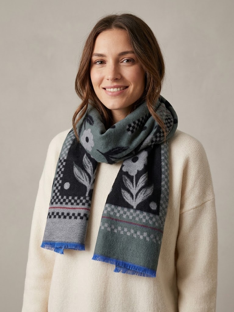 Camerucci sciarpa con fiori ricamati double face blu LILLA 1045