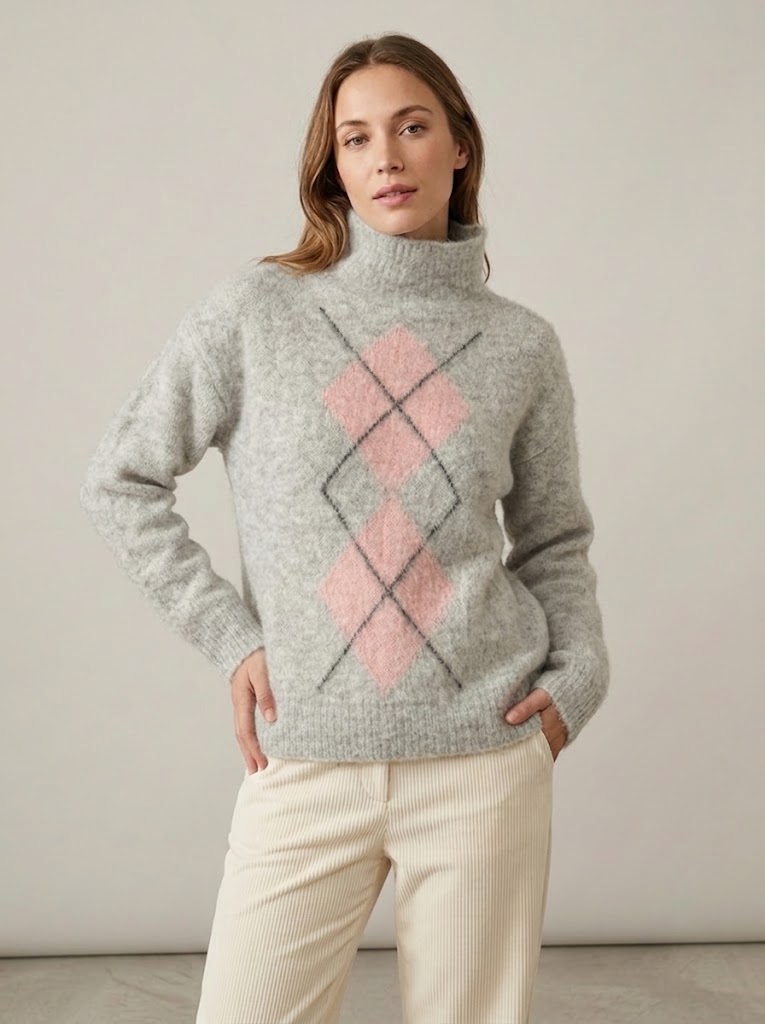Calatura maglia con collo vulcano in misto alpaca grigia con motivo argaile