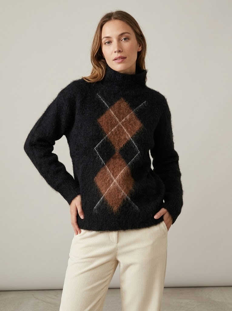 Calatura maglia con collo vulcano in misto alpaca nera con motivo argaile