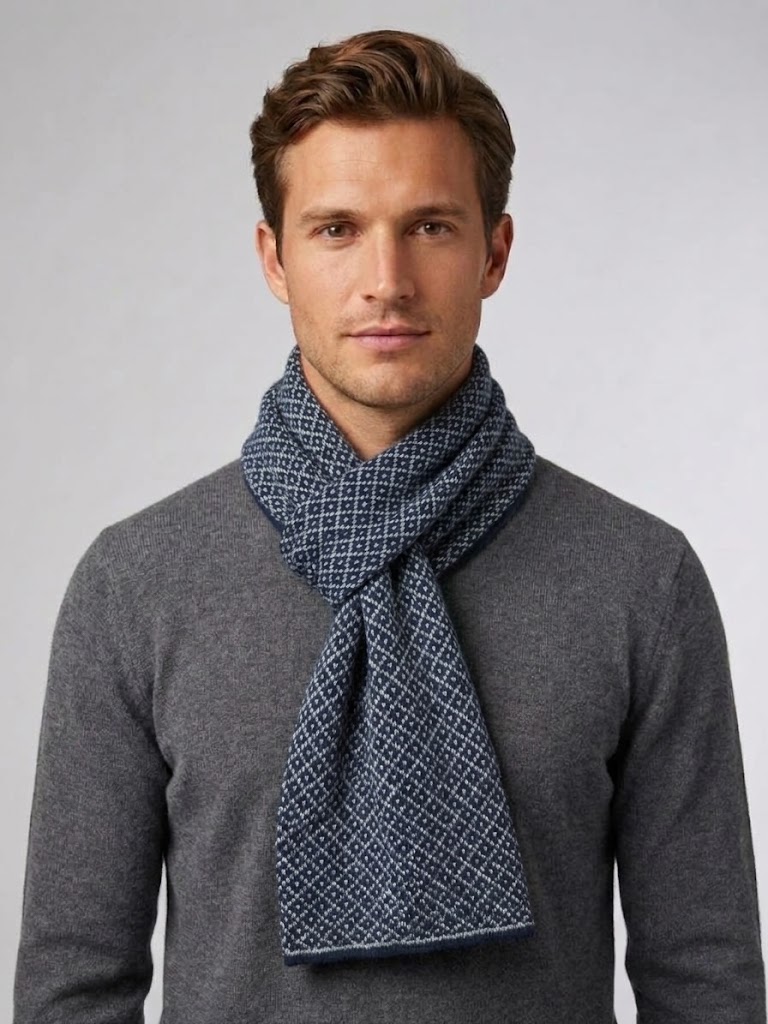 Riviera Cashmere scaldacollo unisex a rombi con passante blu e grigio
