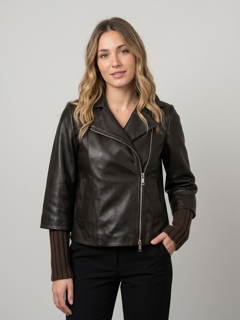 The Jackie Leathers giacca chiodo in pelle bonded plongeè marrone GEMINI