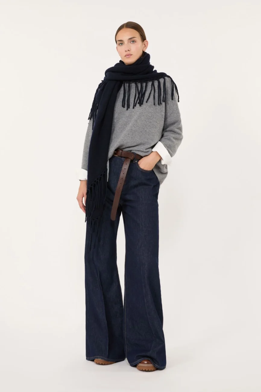 Weekend Max Mara scialle sciarpa con frange in lana blu WKATORNADO