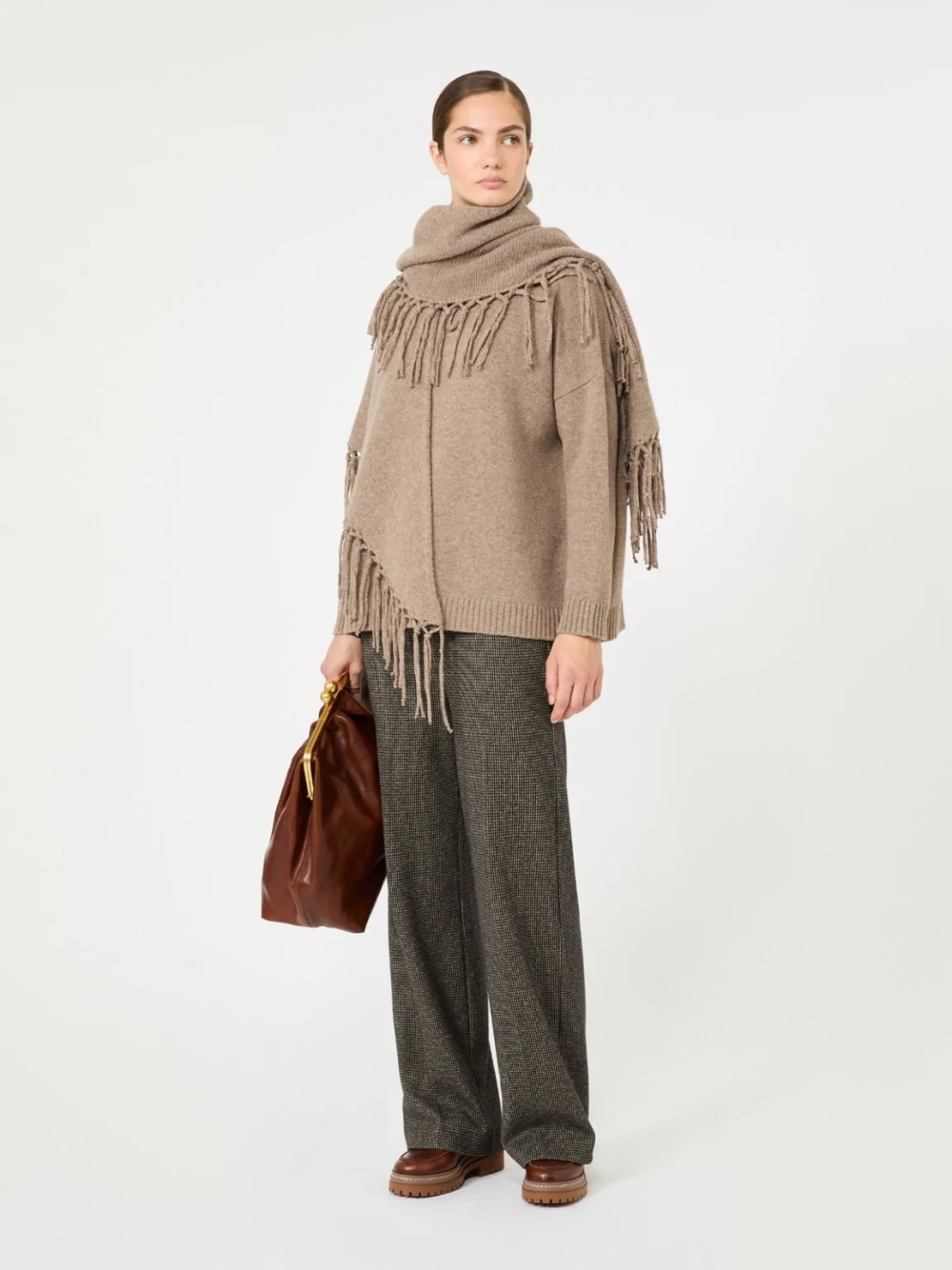 Weekend Max Mara scialle sciarpa con frange in lana marrone noce WKATORNADO