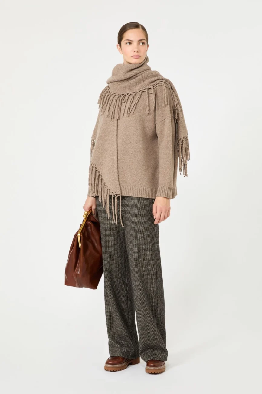 Weekend Max Mara scialle sciarpa con frange in lana marrone noce WKATORNADO